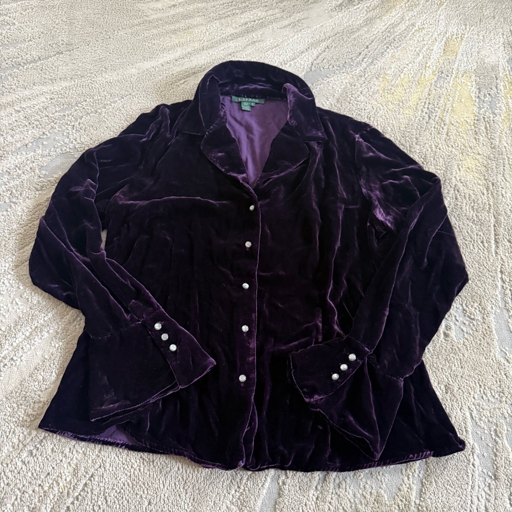 Lauren Ralph Lauren purple velvet button front bell sleeve shirt large